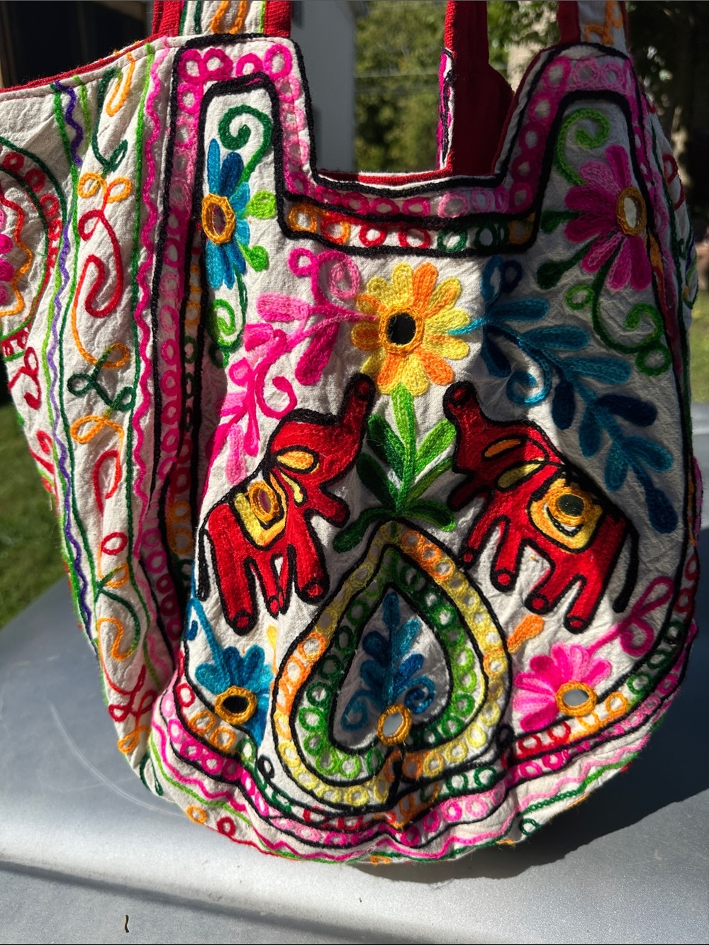 Multicolor Embroidered Shoulder Bag with Elephant Motif
